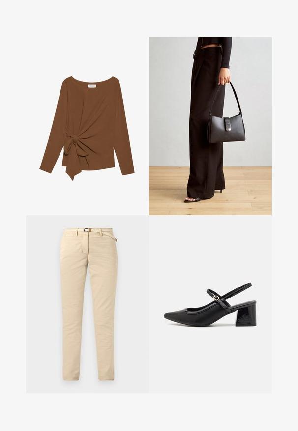 Cămașă lungă maro cu mâneci lungi, având un decolteu larg și un detaliu nod pe o parte, confecționată dintr-un material moale, texturat.; Chino bej din bumbac, cu o textură fină, având o curea țesută și buzunare standard. Croială subțire cu picioare drepte.; Cizme cu toc slingback din piele sintetică lacuită neagră, cu vârful ascuțit, un design cu decupaj rotunjit și toc bloc. Include un accent cu cataramă de culoare aurie.; Genți negre cu o formă structurată, textură netedă și un închizător metalic. Asortată cu pantaloni negri largi și sandale cu vârf deschis pe un podea din lemn.