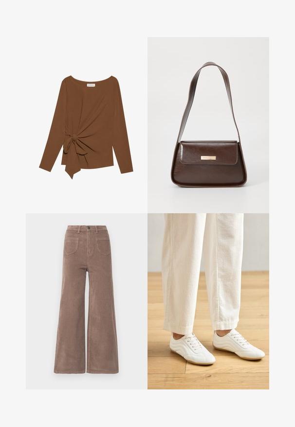 Top castanho de manga longa com decote largo e detalhe em nó de um lado, feito de um tecido suave e texturizado.; Calças largas de corduroy castanho com cintura alta, apresentando um fecho de botão, dois bolsos traseiros e textura ribada vertical.; Tênis atléticos brancos com uma textura de couro suave, sistema de atacadores e um design contornado. Usados com calças de veludo cotelê bege claro.; Bolsa de ombro em couro castanho com uma forma estruturada, apresentando um fecho magnético e um detalhe metálico com o logótipo na frente.