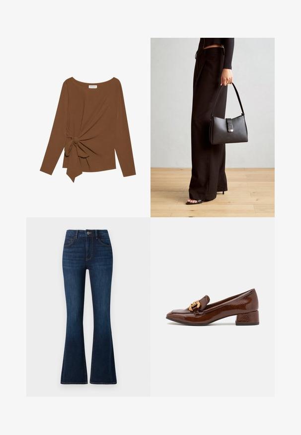 Brązowy, długi rękaw top z szerokim dekoltem i węzełkowym detalem po jednej stronie, wykonany z miękkiego, teksturowanego materiału.; TOM TAILOR - Jeansy Bootcut; Brązowe skórzane loafersy o błyszczącym wykończeniu, z dekoracyjnym złotym zapięciem z przodu i niskim obcasem. Klasyczny design.; Czarna torebka o usztywnionym kształcie, gładkiej fakturze i metalowym zapięciem. Połączona z szerokimi czarnymi spodniami i sandałami na otwartym palcu na drewnianej podłodze.