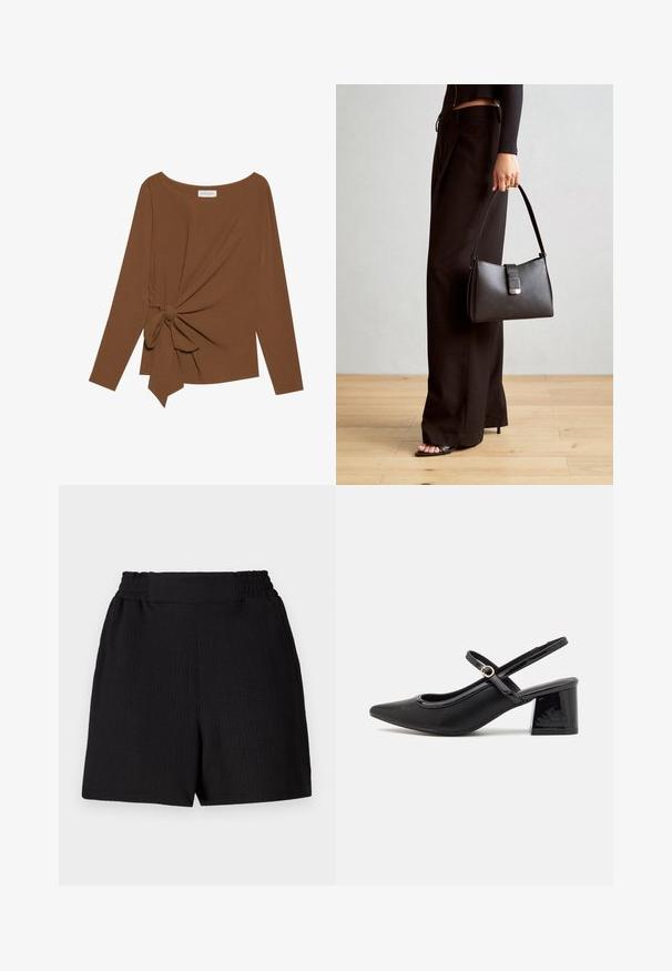 Hnědý dlouhý rukáv top s širokým výstřihem a detaily uzlu na jedné straně, vyrobený z měkké texturované látky.; Černé kraťasy z texturované látky, s elastickým pasem a rovný střih. Mají jednoduchý design bez dalších akcentů nebo vzorů.; Černé lakované lodičky s otevřenou patou, špičatou špičkou, zaobleným střihem a blokovým podpatkem. Zdobené akcentem v zlatém tónu.; Černá kabelka se strukturovaným tvarem, hladkým povrchem a kovovým uzávěrem. Kombinována s širokými černými kalhotami a sandály s otevřenou špičkou na dřevěné podlaze.