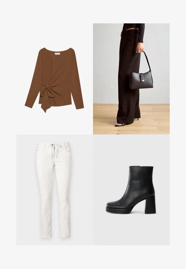 Brauner Langarm-Top mit weitem Ausschnitt und Knoten-Detail auf einer Seite, aus weichem, strukturiertem Stoff.; Weiße, figurbetonte Hose mit Kordelzug-Taille, Fronttaschen und glatter Textur. Eignet sich für legere Anlässe oder entspannte Umgebungen.; Schwarze Leder-Stiefelette mit Blockabsatz und Plattformsohle, seitlich auf einem schlichten weißen Hintergrund betrachtet.; Schwarze Handtasche mit strukturierter Form, glatter Textur und einem metallischen Verschluss. Kombiniert mit weiten schwarzen Hosen und offenen Sandalen auf einem Holzboden.