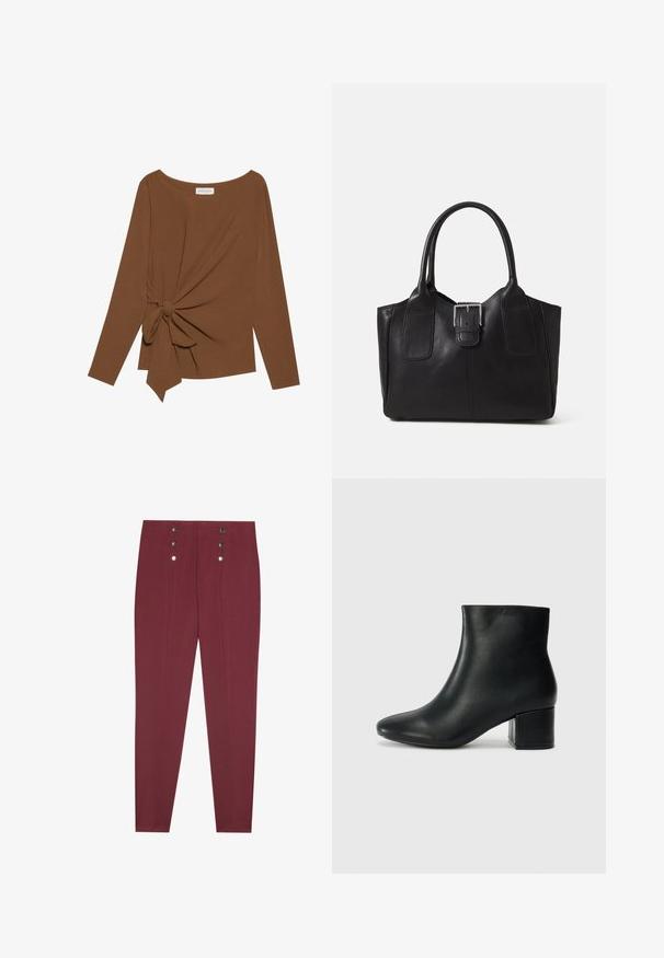 Cămașă lungă maro cu mâneci lungi, având un decolteu larg și un detaliu nod pe o parte, confecționată dintr-un material moale, texturat.; Pantaloni burgundy croiți, cu buzunare laterale, având o textură fină și patru butoane decorative argintii la talie.; Cizme negre din piele până la gleznă, cu vârf ascuțit și toc robust. Textură netedă, cu accente minime și un design elegant, ajustat.; Geantă tote din piele neagră cu textură netedă, formă structurată, două mânere și un detaliu proeminent din aliaj de argint pe partea din față.