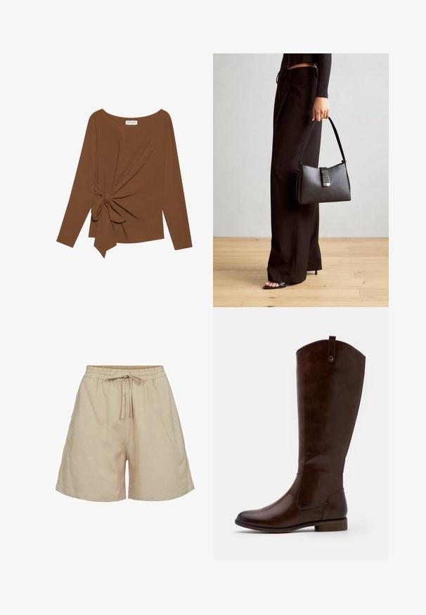 Ruskea pitkähihaisen ylin vaate, jossa on leveä pääntie ja solmukohta toisella sivulla, valmistettu pehmeästä, teksturoidusta kankaasta.; Beige, kevytrakenteiset shortsit, joissa on elastinen vyötärö ja naru. Omistaa rentoa istuvuutta ja sivutaskuja. Sileä pinta.; Ruske knee-high sačinjene od glatke kože, s okruglim nosom, niskim složenim potplatom i suptilnim uzorkom šavova duž strana.; Musta käsilaukku, jossa on rakenteellinen muoto, sileä pinta ja metallinen solki. Yhdistetty leveisiin mustiin housuihin ja avonaiheisiin sandaaleihin puulattialla.