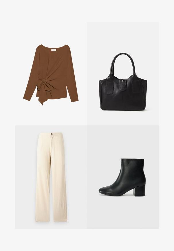 Brun langermet topp med bred hals og en knutedetalj på den ene siden, laget av mykt, teksturert stoff.; Beige, vide benklær laget av lett stoff. Har en frontknapp-lukking og rette sømmer. Glatt tekstur med minimale sømmer.; Sorte skinn ankelsko med spiss tå og chunky hæl. Glatt tekstur med minimale detaljer og et elegant, tettsittende design.; Svart skinn toteveske med jevn tekstur, strukturert form, to håndtak og en fremtredende sølvspenne foran.