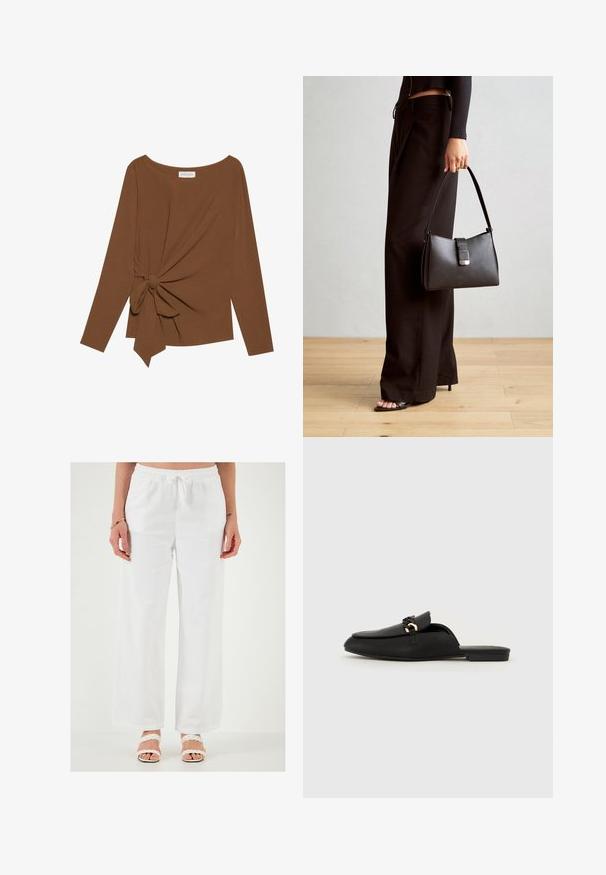 Brūna garām piedurknēm topa, kas izceļas ar plašu dekoltē un mezglu detaļu vienā pusē, izgatavota no mīkstas, teksturētas auduma.; Baltas, brīvi pieguļošs lina bikses ar elastīgu jostu un auklu. Gluda tekstūra, plaša kāju dizains un bez redzamām rakstām.; Melnas ieņemamās kurpes, kas izgatavotas no gludas ādas. Tām ir noapaļots purngalis, dekoratīva austa siksna un neliels zelta akcents. Plakans zole.; Melnā somiņa ar strukturētu formu, gludu tekstūru un metālu sprādzi. Saskaņota ar platām melnām biksēm un sandālēm ar atvērtu purngalu uz koka grīdas.