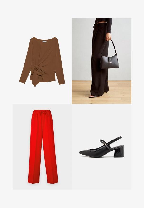 Brūna garām piedurknēm topa, kas izceļas ar plašu dekoltē un mezglu detaļu vienā pusē, izgatavota no mīkstas, teksturētas auduma.; Sarkani bikses ar platu kāju dizainu, izgatavotas no gludas auduma. Ar elastīgu jostasviedi un auklas detaļu, kas nodrošina regulējamu piegulšanu.; Melns patentēts ādas sandales ar norādīta pirksta formu, noapaļotu izgriezuma dizainu un bloķētu papēdi. Iezīmēta ar zelta toņa sprādzi.; Melnā somiņa ar strukturētu formu, gludu tekstūru un metālu sprādzi. Saskaņota ar platām melnām biksēm un sandālēm ar atvērtu purngalu uz koka grīdas.