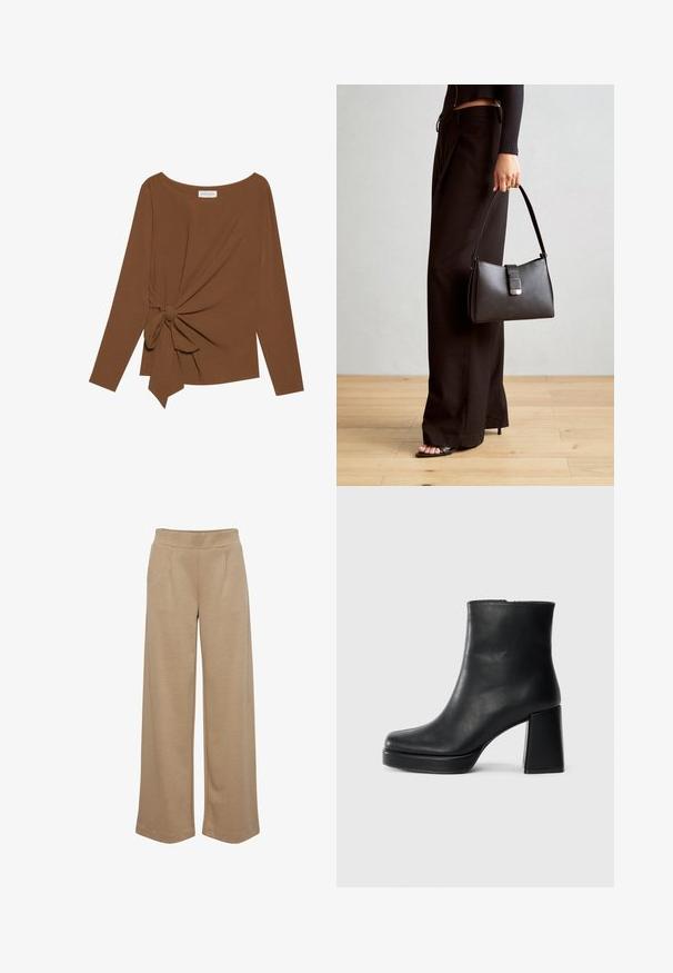 Bruine lange mouwen top met een brede halslijn en een knoopdetail aan één zijde, gemaakt van zachte, gestructureerde stof.; Beige wijdvallende broek van zachte stof, met twee voorplooien, een elastische taille en een gladde textuur.; Zwarte leren enkelboot met een blokhak en platformzool, zijaanzicht op een effen witte achtergrond.; Zwarte handtas met gestructureerde vorm, gladde textuur en een metalen sluiting. Gecombineerd met brede zwarte broeken en sandalen met open teen op een houten vloer.