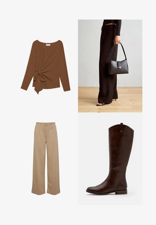 Ruda ilga rankovė viršutinė dalis su plačiu iškirpimu ir mazgo detale vienoje pusėje, pagaminta iš minkštos, tekstūruotos medžiagos.; Šviesiai rudos plačios kelnės, pagamintos iš minkštos medžiagos, su dviem priekinėmis raukinėmis, elastingu juosmeniu ir lygiu paviršiumi.; Rudi iki iki iki tamsiai rudos odos, su apvaliu kojų pirštu, žemu storžieviu kulnu ir subtilia siūlų rašto linija šonuose.; Juodas rankinė struktūrizuota forma, lygi tekstūra ir metalinis užsegimas. Suporuota su plačiomis juodomis kelnėmis ir atvirais bateliais ant medinių grindų.