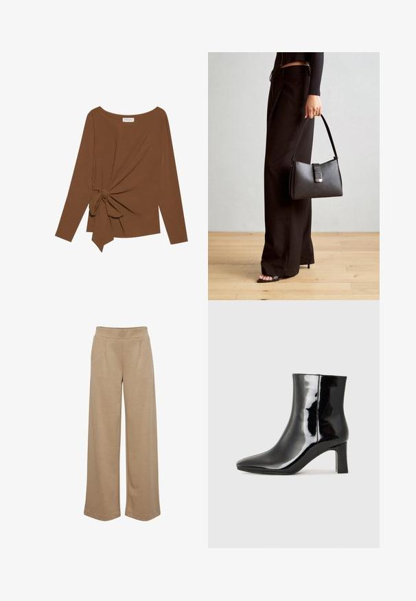 Smeđa majica dugih rukava s širokim izrezom i čvorom s jedne strane, izrađena od mekog, teksturiranog materijala.; Bež hlače širokih nogavica od mekog materijala, s dvije prednje plisirane nabore, elastičnim pojasom i glatkom teksturom.; Crne lakirane kožne gležnjače s šiljastim prstom i srednje visokom blok petom. Glatka tekstura i minimalistički dizajn.; Crna torba s oblikom koji sadrži strukturu, glađu teksturu i metalnu kopču. Uparena s širokim crnim hlačama i sandalama na otvorenom s drvenog poda.