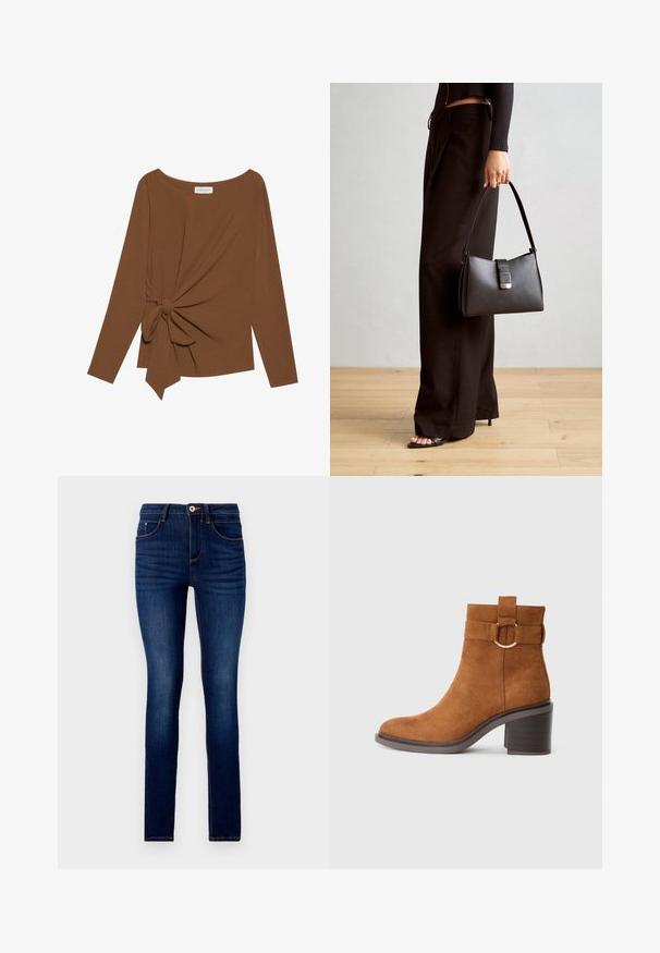 Hnědý dlouhý rukáv top s širokým výstřihem a detaily uzlu na jedné straně, vyrobený z měkké texturované látky.; Úzké džíny v tmavě modré denimové barvě, s klasickým pěti kapsovým designem, kontrastním oranžovým prošíváním a knoflíkovým zapínáním v pase.; Hnědé semišové kotníkové boty s kulatou špičkou, blokovým podpatkem a ozdobným páskem se zaoblenou přezkou.; Černá kabelka se strukturovaným tvarem, hladkým povrchem a kovovým uzávěrem. Kombinována s širokými černými kalhotami a sandály s otevřenou špičkou na dřevěné podlaze.