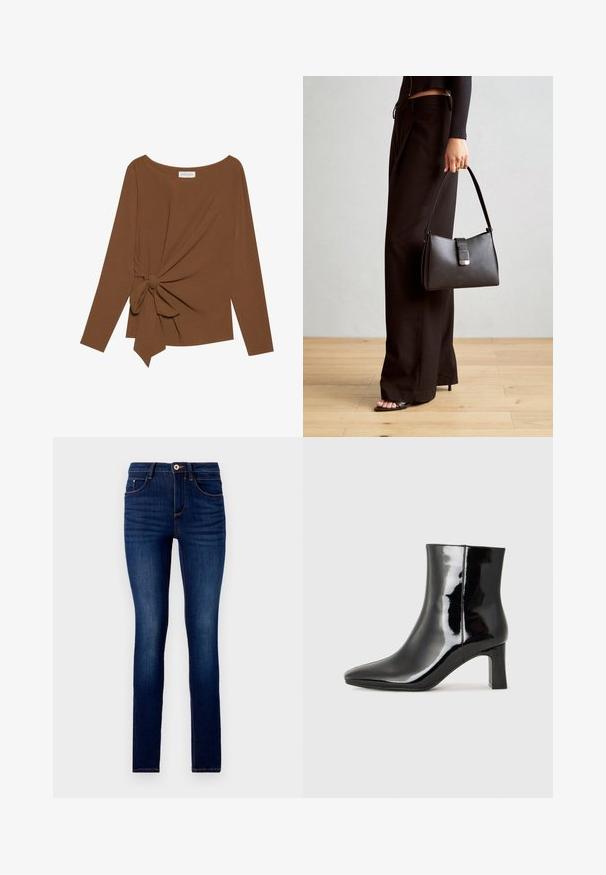 Top marrón de manga larga con un escote amplio y un detalle de nudo en un lado, hecho de una tela suave y texturizada.; Jeans ajustados de mezclilla azul oscuro, con diseño tradicional de cinco bolsillos, costuras naranjas en contraste y cierre de botón en la cintura.; Botín de charol negro con punta afilada y un tacón de bloque de altura media. Textura suave y diseño minimalista.; Bolso negro con forma estructurada, textura suave y un cierre metálico. Combinado con pantalones anchos negros y sandalias de dedo en un suelo de madera.