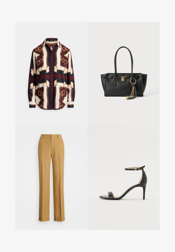 Seidenhemd mit einem Muster aus Reitzubehör in Kastanienbraun, Creme und Marineblau. Knopfverschluss, mit Kragen und langen Ärmeln.; Polo Ralph Lauren YARD LINEN FULL FLAT FRONT - Stoffhose - sand dune; Schwarze Leder-high-heeled Sandale mit Knöchelriemen. Verfügt über eine glatte Textur, offene Zehen und einen dünnen Absatz. Goldfarbener Schnallenakzent.; Schwarze Lederhandtasche mit doppelten Griffen, goldfarbener Verschluss- und Kettendetails sowie einem schwarz-weißen Quastenaccessoire vor weißem Hintergrund.