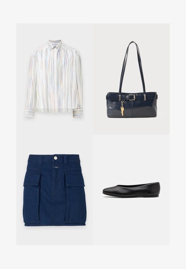 Prugasta srajca z gumbniki z belo podlago, ki vključuje ozke večbarvne črte v modri, oranžni in zeleni barvi. Dolgi rokavi in klasičen ovratnik.; Temno moder denim krilo z dvema velikima sprednjima žepoma, zapiranjem na kovinsko gumbe in ravnim krojem. Rahlo teksturirana tkanina.; Paul Smith TOPANGA - Balerinke - black; Mornarska usnjena torbica z dvema dolgima ročajema, dodatkom z zaponko in pritrjeno ključavnico. Ima gladko teksturo in pravokotno obliko.