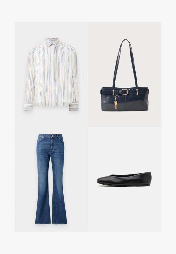 Prugasta srajca z gumbniki z belo podlago, ki vključuje ozke večbarvne črte v modri, oranžni in zeleni barvi. Dolgi rokavi in klasičen ovratnik.; Modri razširjeni teksas hlače iz denima, z visokim pasom, petimi žepi in subtilnim vzorcem striženja blizu šivov.; Paul Smith TOPANGA - Balerinke - black; Mornarska usnjena torbica z dvema dolgima ročajema, dodatkom z zaponko in pritrjeno ključavnico. Ima gladko teksturo in pravokotno obliko.