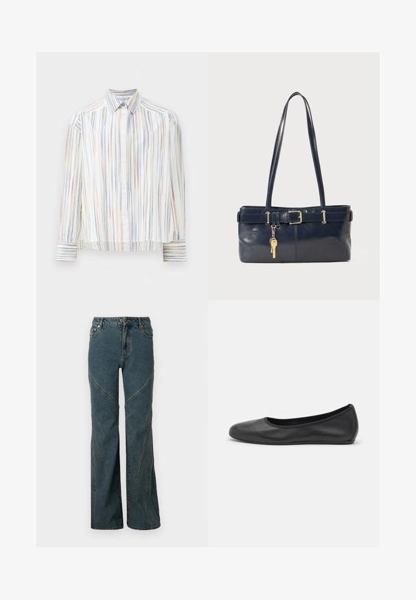 Camisa de botões às riscas com uma base branca, apresentando linhas finas e multicoloridas em azul, laranja e verde. Mangas longas e colarinho clássico.; Jeans de ganga azul com um design de perna larga, apresentando detalhes de costura curva e estilo clássico de cinco bolsos. Barra sem acabamento na parte inferior.; Bailarina preta em pele com bico arredondado, textura suave, detalhe de costura minimalista e design de sola flexível.; Bolsa de couro azul-marinho com duas alças longas, um detalhe de fivela e um porta-chaves anexado. Apresenta uma textura suave e uma forma retangular.