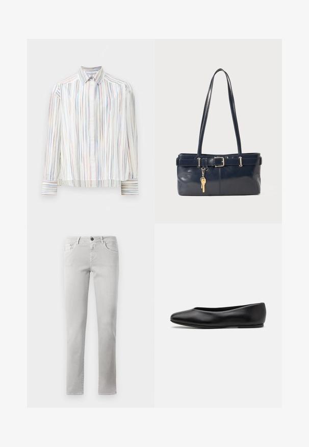 Camisa de botões às riscas com uma base branca, apresentando linhas finas e multicoloridas em azul, laranja e verde. Mangas longas e colarinho clássico.; Jeans de denim cinza claro com um design de perna reta, cintura padrão, um bolso frontal com um botão oculto e detalhes de costura mínimos.; Paul Smith TOPANGA - Sabrinas - black; Bolsa de couro azul-marinho com duas alças longas, um detalhe de fivela e um porta-chaves anexado. Apresenta uma textura suave e uma forma retangular.