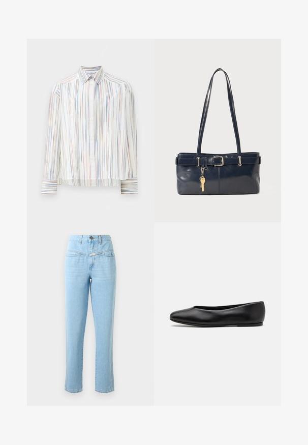 Prugasta srajca z gumbniki z belo podlago, ki vključuje ozke večbarvne črte v modri, oranžni in zeleni barvi. Dolgi rokavi in klasičen ovratnik.; Visoko pasu svetlo modri kavbojki z žepi spredaj, zapiranjem na gumb in zadrgo ter ravnim krojem nogavic.; Paul Smith TOPANGA - Balerinke - black; Mornarska usnjena torbica z dvema dolgima ročajema, dodatkom z zaponko in pritrjeno ključavnico. Ima gladko teksturo in pravokotno obliko.