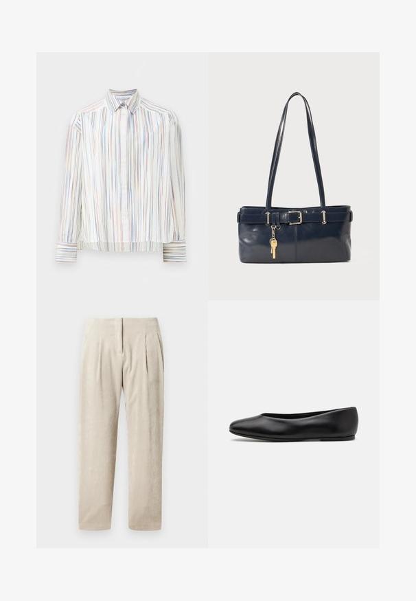 Camisa de botões às riscas com uma base branca, apresentando linhas finas e multicoloridas em azul, laranja e verde. Mangas longas e colarinho clássico.; Calças de veludo cotelê bege com riscas verticais, apresentando dois pregas frontais, um ajuste ajustado e um design de perna reta.; Paul Smith TOPANGA - Sabrinas - black; Bolsa de couro azul-marinho com duas alças longas, um detalhe de fivela e um porta-chaves anexado. Apresenta uma textura suave e uma forma retangular.