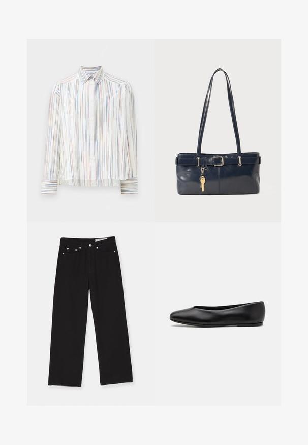 Gestreifte Bluse mit weißem Grund, versehen mit schmalen, mehrfarbigen Linien in Blau, Orange und Grün. Lange Ärmel und klassischer Kragen.; Schwarze weit geschnittene Jeans aus Denim, mit einem Fünf-Taschen-Design, Knopfverschluss und metallischen Hardware-Akzenten. Strukturierter Stoff mit glatter Oberfläche.; Paul Smith TOPANGA - Klassischer Ballerina - black; Marineblaue Lederhandtasche mit zwei langen Griffen, einer Schnallen-Detailierung und einem daran befestigten Schlüsselanhänger. Besitzt eine glatte Textur und eine rechteckige Form.