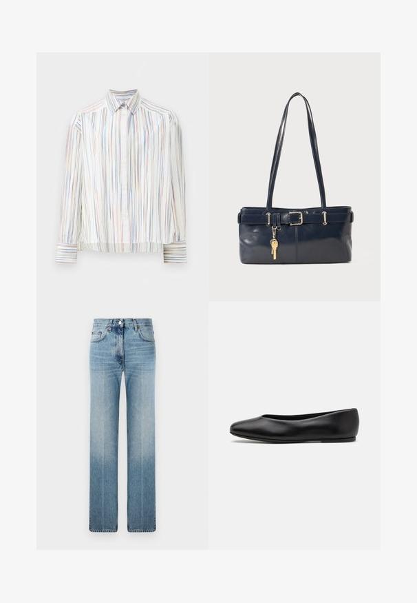 Välttämätön raitapaita, jossa on valkoinen pohja ja kapeita monivärisiä viivoja sinisessä, oranssissa ja vihreässä. Pitkät hihat ja klassinen kaulus.; Vaaleansiniset suorat farkut, joissa on hieno kulutus, klassinen viisi-taskuinen muotoilu ja metallinen nappisuljenta vyötäröllä.; Paul Smith TOPANGA - Ballerinat - black; La handbagin sininen nahka, jossa on kaksi pitkää kahvaa, Buckle-yksityiskohta ja avaimenperä kiinnitettynä. Sen pinta on sileä ja muoto on suorakulmainen.