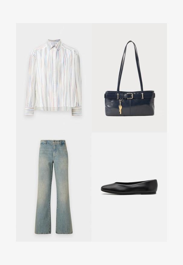 Prugasta srajca z gumbniki z belo podlago, ki vključuje ozke večbarvne črte v modri, oranžni in zeleni barvi. Dolgi rokavi in klasičen ovratnik.; Svijetloplave traper široke hlače s visokim strukom, zatvaranjem na gumbe i izgužvanom teksturom. Ima klasičan dizajn s pet džepova i ravne nogavice.; Paul Smith TOPANGA - Balerinke - black; Mornarska usnjena torbica z dvema dolgima ročajema, dodatkom z zaponko in pritrjeno ključavnico. Ima gladko teksturo in pravokotno obliko.