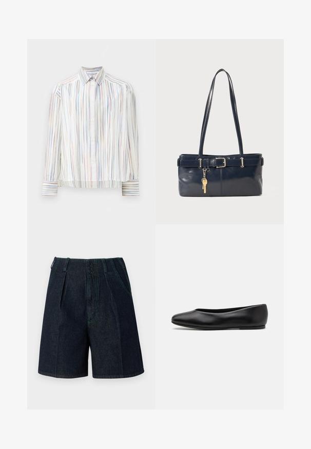 Gestreept overhemd met een witte basis, voorzien van smalle, veelkleurige lijnen in blauw, oranje en groen. Lange mouwen en een klassieke kraag.; Denim shorts met een donkere wassing, voorzien van plooien, zijzakken en contrasterende groene stiksels langs de naden.; Paul Smith TOPANGA - Ballerina's - black; Marine leren handtas met twee lange hengsels, een gespdetail en een sleutelhanger eraan bevestigd. Heeft een gladde textuur en een rechthoekige vorm.