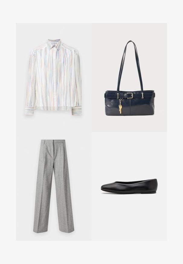 Välttämätön raitapaita, jossa on valkoinen pohja ja kapeita monivärisiä viivoja sinisessä, oranssissa ja vihreässä. Pitkät hihat ja klassinen kaulus.; Harmaa korkea vyötäröiset housut, joissa on pystysuorat raidat ja leveät suorat lahkeet, esillä valkoista taustaa vasten.; Paul Smith TOPANGA - Ballerinat - black; La handbagin sininen nahka, jossa on kaksi pitkää kahvaa, Buckle-yksityiskohta ja avaimenperä kiinnitettynä. Sen pinta on sileä ja muoto on suorakulmainen.