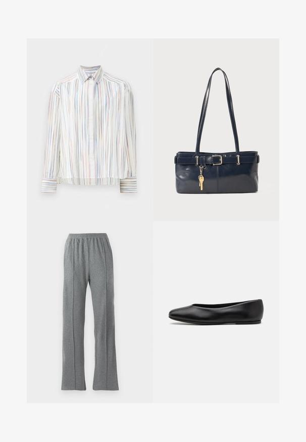 Gestreifte Bluse mit weißem Grund, versehen mit schmalen, mehrfarbigen Linien in Blau, Orange und Grün. Lange Ärmel und klassischer Kragen.; Graue Jogginghosen mit elastischem Bund, mit geradem Beinschnitt und dezenten Seitennähten. Hergestellt aus weichem, strukturiertem Stoff.; Paul Smith TOPANGA - Klassischer Ballerina - black; Marineblaue Lederhandtasche mit zwei langen Griffen, einer Schnallen-Detailierung und einem daran befestigten Schlüsselanhänger. Besitzt eine glatte Textur und eine rechteckige Form.