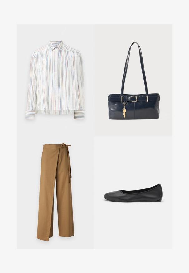 Svītrainā krekla ar baltu pamatu, ar šaurām daudzkrāsainām līnijām ziliem, oranžiem un zaļiem toņiem. Garas piedurknes un klasiskā apkakle.; Gaiši brūnas platās bikses, izgatavotas no teksturēta auduma. Tām ir kaklasaite viduklī un sānu šķelumi, lai pievienotu papildu detaļas.; Melna ādas baleta kurpe ar noapaļotu purngalu, gludu tekstūru, minimālu šuvju detalizāciju un elastīgu zoles dizainu.; Jūras spēku stila ādas rokassoma ar divām garām rokturiem, ar sprādzi un pievienotu atslēgu piekariņu. Iezīmējas ar gludu tekstūru un taisnstūra formas.