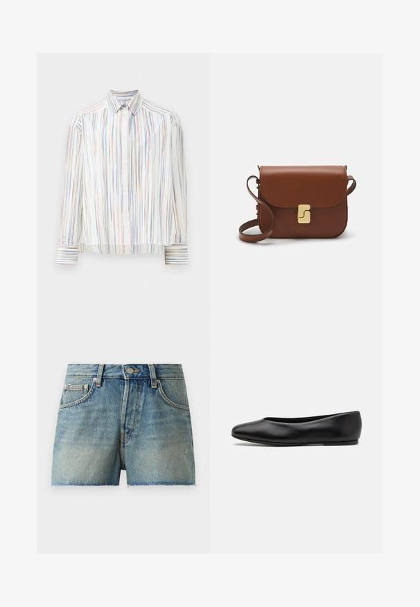 Koszula w paski z białą bazą, z wąskimi wielokolorowymi liniami w odcieniach niebieskiego, pomarańczowego i zielonego. Długie rękawy i klasyczny kołnierzyk.; Jasnoniebieskie szorty dżinsowe z wysokim stanem, postrzępionym dołem i tradycyjnym pięci pocketowym stylem z metalowymi detalami.; Paul Smith TOPANGA czarny; Brązowa skórzana torebka na ramię z klapką, złotymi detalami, paskiem na ramię i gładką teksturą. Kompaktowy prostokątny kształt.