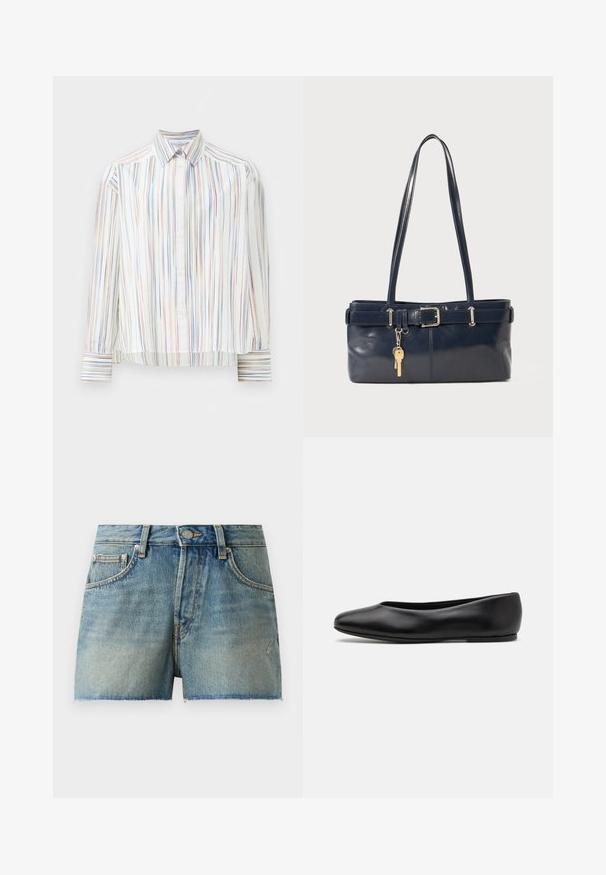 Prugasta košulja dugih rukava s bijelom podlogom, koja ima uske višebojne pruge u plavoj, narančastoj i zelenoj boji. Klasični ovratnik.; Traper kratke hlače u svijetloplavoj boji, s visokim strukom, izrezanim rubom i tradicionalnim stilom s pet džepova i metalnim detaljima.; Paul Smith TOPANGA - Balerinke - black; Morska kožna torbica s dva duga ramena, detaljem kopče i privjeskom za ključeve. Ima glatku teksturu i pravokutni oblik.