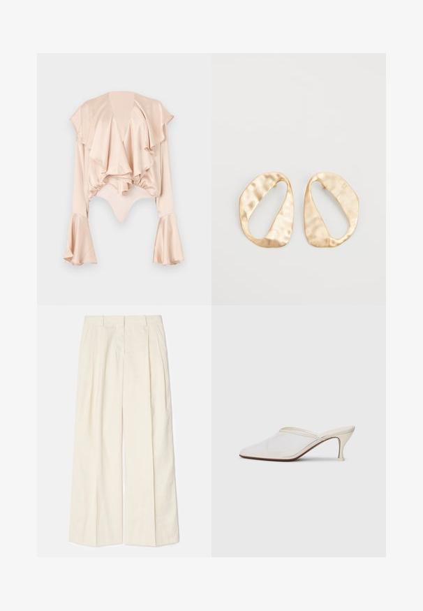 Helle rosa Satinbluse mit Rüschendesign, ausgestellt geschnittenen Ärmeln und Druckknopfverschluss am Saum. Glatte Textur und drapierte Stoffdetails.; Weite Hosen aus einem weichen, hellen Creme-Stoff. Mit vorderen Falten, Gürtelschlaufen und einer glatten Textur. Maßgeschneiderter Schnitt mit klaren Kanten.; Weiße Mesh-Pantoletten mit spitzer Zehenform, schlankem Mittelabsatz und Slip-On-Design vor einem schlichten Hintergrund.; Ein Paar unregelmäßige, oval geformte Ohrringe aus goldfarbenem Metall mit einer strukturierten, leicht gehämmerten Oberfläche auf weißem Hintergrund.