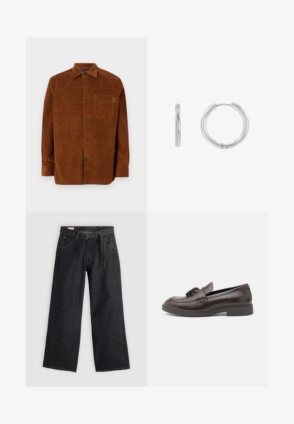Braunes Cordhemd mit langen Ärmeln, Knopfleiste und Brusttasche. Verfügt über strukturierten Stoff und schwarze Knöpfe.; Dunkelblaue Denim-Hosen mit weitem Bein und einem taillierten Gürtel, ausgestattet mit Vordertaschen und kontrastierender Naht. Glatte Textur mit einem schlichten Design.; Braune Lederloafers mit runder Zehenpartie, einem dekorativen Quasten, gesteppten Details und einem niedrigen Gummihalter für zusätzlichen Komfort.; Silberne Creolen mit einer glatten, polierten Oberfläche. Sie haben eine runde Form und einen sicheren Scharnierverschluss für einfaches Tragen.