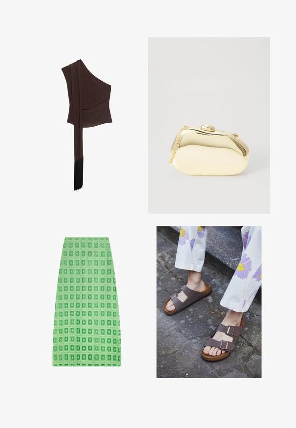 Ruskea epäsymmetrinen toppi sileästä kankaasta, yhdessä olkaimessa, roikkuva pitkä hiha ja fringed-häntäyksityiskohta.; Vihreä tekstuuriinen kynähame, jossa on ruutukuosi neliöillä, valmistettu kevyestä kankaasta mukavuutta ja tyyliä varten.; Ruskeat litteät sandaletit, joissa on kaksi leveää hihnaa ja metalliset soljet; korkkipohja; teksturoitu pohja; yhdistetty vaaleansävyisiin kukkakuosisiiin housuihin.; Metallinen kultainen clutch, jossa on sileä ja pyöreä muoto. Sen yläosassa on nappilukko ja pieni ketjuhihna kuljettamista varten.