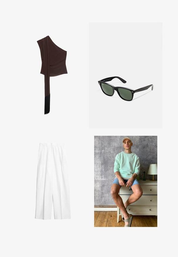 Asymmetrisch bruin top in soepele stof, met één schouder, een gedrapeerde lange mouw en een franjeszoom.; Witte, brede broek met een gladde textuur, voorplooien en een hoge taille. Geen zichtbare hardware of accenten.; Muntgroene sweatshirt, denim shorts en olijfgroene instappers. Zittend op een lichtgekleurde ladekast tegen een gestructureerde grijze muur.; Zwarte plastic zonnebril met groene lenzen, vierkante montuur, zilveren accent op de wenkbrauw en een gestructureerde tempel. Merken vermeld op de binnenkant van de arm.; Metalen gouden clutch met een gladde, ronde vorm, voorzien van een bovenste knoopsluiting en een kleine kettingband om mee te dragen.