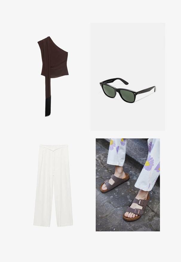 Asymmetrical brown top in smooth fabric, with a single shoulder, a draped long sleeve, and a fringed hem detail.; White wide-leg trousers with a high waist, featuring a belt tie, soft texture, and front pleats for added structure. Minimal design.; Brown flat sandals with two wide straps and metal buckles; cork sole; textured footbed; worn with light-colored, floral-printed pants.; Black plastic sunglasses with green lenses, square frames, silver accent on the brow, and textured temple arms. Stated brand on inner arm.; Metallic gold clutch with a smooth, rounded shape, featuring a top button clasp and a small chain strap for carrying.