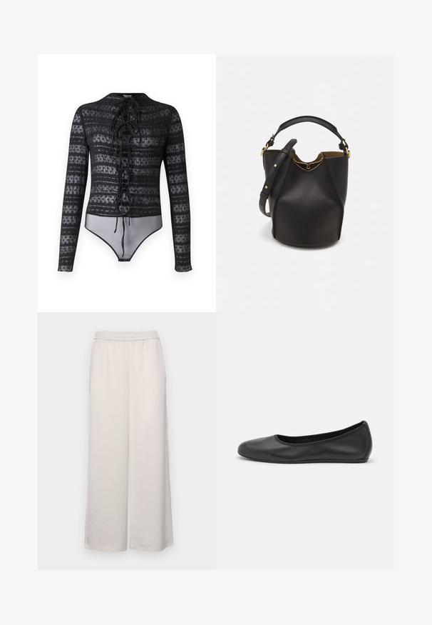 Hofmann Copenhagen EXCLUSIVE MIRELLA - Camicetta - black; Pantaloni a gamba larga beige chiaro con fascia elastica in vita. Tessuto liscio, lunghezza completa, senza decorazioni o motivi visibili.; Pantofole da balletto nere in pelle con punta arrotondata, texture liscia, dettagli di cucitura minimi e design con suola flessibile.; Borsa a secchiello in pelle nera con finitura testurizzata, dettagli in metallo dorato e apertura superiore. Presenta una maniglia corta e una tracolla regolabile.