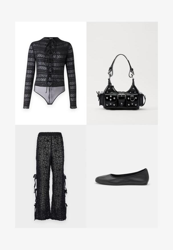 Hofmann Copenhagen EXCLUSIVE MIRELLA - Blouse - black; Hofmann Copenhagen MILA PANTS - Pantalon classique - black; Ballerines en cuir noir avec un bout rond, texture lisse, détails de couture minimalistes et design de semelle flexible.; Sac à main en cuir noir au design courbé, avec des clous en argent, une boucle et deux poches latérales. Bandoulière réglable pour différentes options de transport.