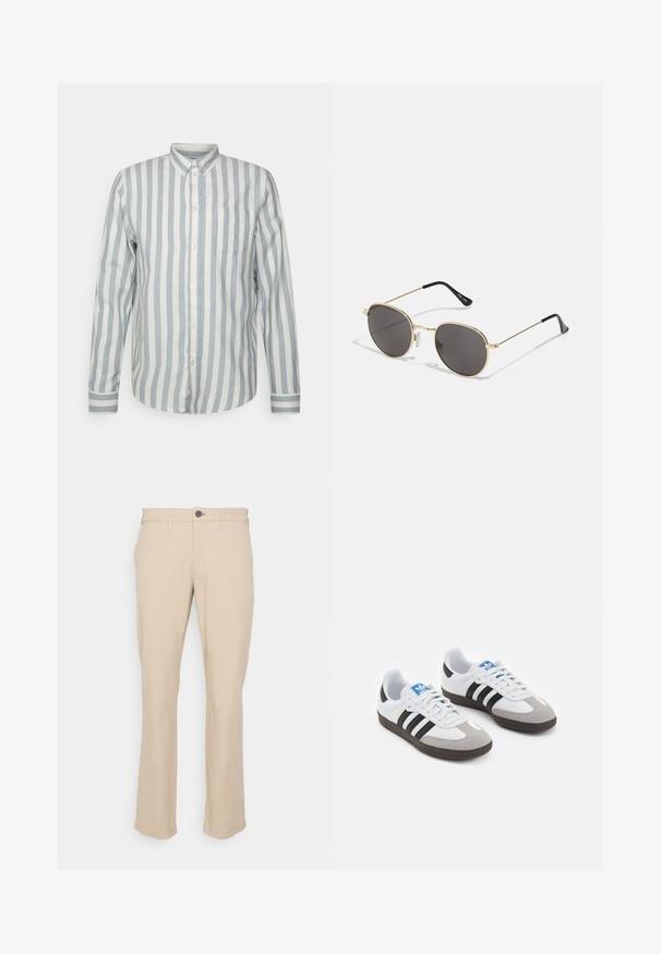 Camicia button-up a righe blu chiaro e bianco sporco. Presenta un colletto classico, maniche lunghe e una tasca sul petto. Tessuto morbido, vestibilità rilassata.; Pantaloni in cotone beige con design a gamba dritta, tasca frontale e chiusura con bottone marrone. Texture liscia e orlo standard.; Scarpe sportive con tomaia in pelle bianca, punta in suede grigia e tre strisce nere. Presentano un logo blu sulla linguetta e una suola in gomma testurizzata.; Occhiali da sole rotondi con lenti scure, montatura in metallo dorato sottile, estremità in plastica e poggiatopti regolabili. Design minimalista con un aspetto classico.