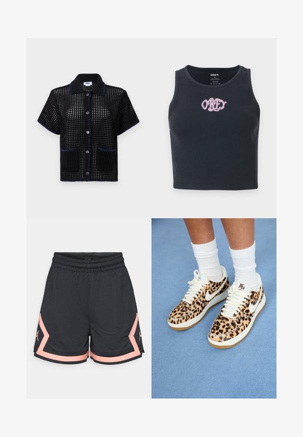 Black knitted short-sleeve shirt with a mesh pattern, blue trim on the collar and pocket edges, featuring buttons down the front.; Black ribbed crop tank top made of cotton with a round neckline and a pink embroidered "OBEY" logo across the chest.; Black athletic shorts with textured fabric, elastic waistband, and pink accents. Features a logo on the side in matching pink.; Leopard print Nike Air Force 1 sneakers with white laces and swoosh, featuring a tan rubber outsole and textured upper. White crew socks visible.