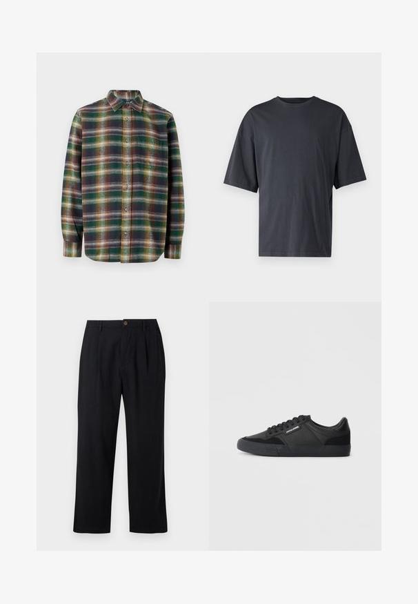 Long-sleeve plaid shirt featuring green, navy, and orange tones, button-up front, spread collar, and soft, textured fabric.; Dark gray short-sleeve t-shirt made of lightweight cotton, featuring a loose fit and classic crew neckline, with plain texture and no patterns.; Black pants made of a lightweight fabric with a pleated front, straight legs, and a single brown button at the waistband.; Black sneakers with a mix of leather and suede materials, featuring round laces, textured rubber sole, and a brand logo on the side.