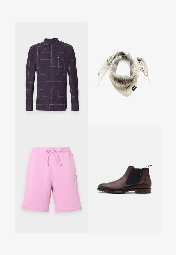 Tumšvioleta garām piedurknēm pogājama krekls ar baltu un pelēku režģa rakstu. Izceļas ar mazu zaļu emblēmu uz krūšu kabatas.; Rozā kokvilnas šorti ar elastīgu jostasvietu un regulējamu auklu. Iekļauj sānu kabatu un mazu logotipa detaļu.; Brūni ādas čelsija zābaki ar elastīgām sānu daļām, apaļu purngalu un strukturētu melnu gumijas zoli. Gluda apdare ar smalku spīdumu.; Matinique Lakats - off white; Melnas ādas sporta soma ar dubultām rokturiem, sudrabainiem aksesuāriem un regulējamu plecu siksnu. Gluda tekstūra ar rāvējslēdzēja aizdari.