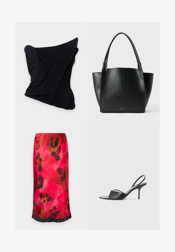 Coussin en tissu noir avec un design tordu, featuring une texture lisse et des bords arrondis, créant une forme sculpturale.; Jupe midi en satin avec un motif floral aquarelle rose, rehaussé d'accents noirs et d'une bordure en dentelle à l'ourlet. Texture lisse, silhouette ajustée.; Escarpins en cuir noir à talon décolleté, avec un bout pointu, une fine bride de cheville et un talon aiguille. Présente un détail noué sur le devant.; Sac fourre-tout en cuir noir avec un design géométrique, doté de deux poignées et d'un logo doré à l'avant. Texture lisse et forme structurée.