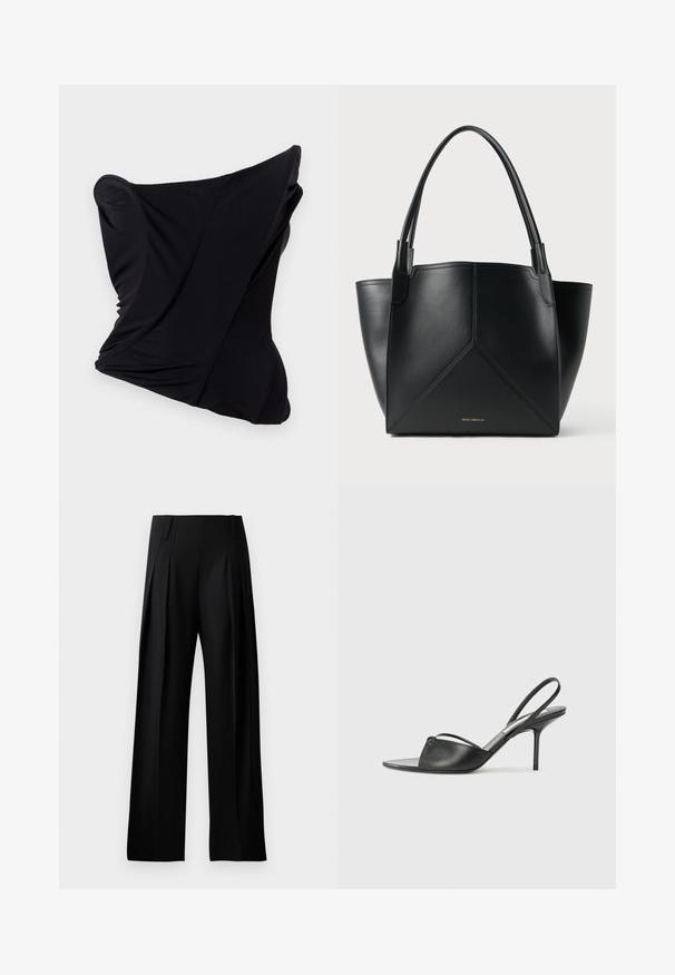 Črna blazina iz tkanine s zvitim dizajnom, ki ima gladko teksturo in zaobljene robove, kar ustvarja skulpturalno obliko.; Črne prirejene hlače širokega kroja, ki imajo zadrgo spredaj in gladko teksturo. Brez vidnih kovinskih delov ali vzorcev.; Črni usnjeni slingback petni čevlji z ostrim nosom, tankim zapestnim trakom in stiletto peto. Imajo zanko na površini.; Črna usnjena torba za prenašanje z geometrijskim vzorcem, ki ima dve ročki in zlat tisk na sprednji strani. Gladka tekstura in strukturirana oblika.