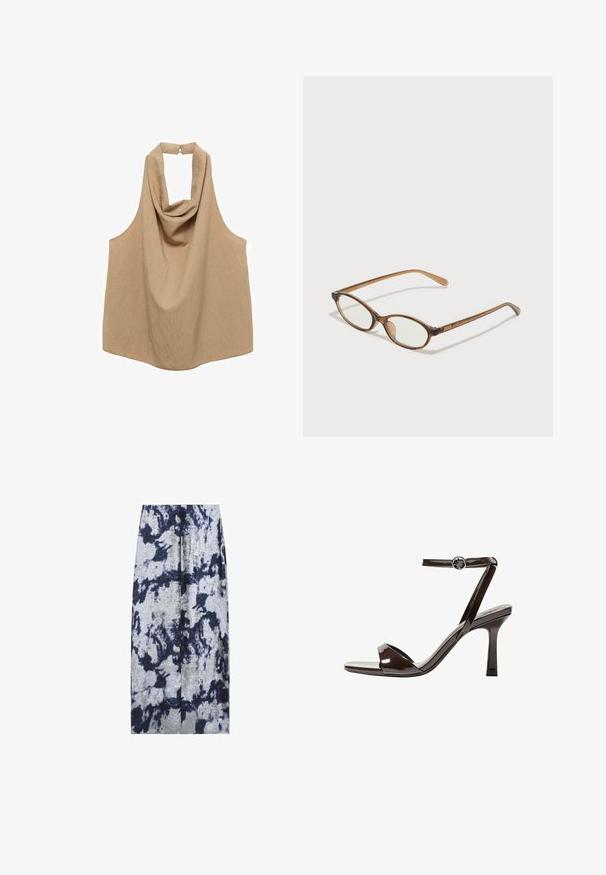 Beige hihaton halterneck-toppi, jossa on laskostettu pääntie ja selkäsolki, valmistettu kevyestä, teksturoidusta kankaasta.; Hopeapuku, jossa on tummansininen ja musta sitruunakuvio. Siinä on suora leikkaus ja edessä halkio lisäyksinä.; Sandaalit korkean koronan ruskeasta mokkanahasta, jossa on nilkkaremmi, avonainen kärki ja tyylikäs, minimalistinen muotoilu. Varusteena neliön muotoinen korko.; Ruskeat kilpikonnaruutulasiset silmälasit, joissa ovaalit linssit, ohuet varret ja läpinäkyvät yksityiskohdat. Temppeleissä on huomaamaton logo. Suunnittelultaan suora ja kevyt.
