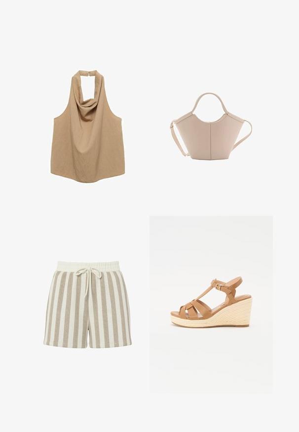Beige ærmeløs halterneck-top med draperet halsudskæring og bagbånd, lavet af et letvægtigt, tekstureret stof.; Stripede shorts i et blødt, tekstureret stof. Har en bæltesnor i taljen i beige og creme, med lodrette striber i lyse og mørke nuancer.; Brune kile sandaler med tværgående stropdesign, justerbar ankelspænde og en tekstureret vævet espadrille-stil kile.; Lysebrun læderhåndtaske med en unik form, featuring to korte håndtag og et langt justerbart rem. Glat tekstur med minimal hardware.