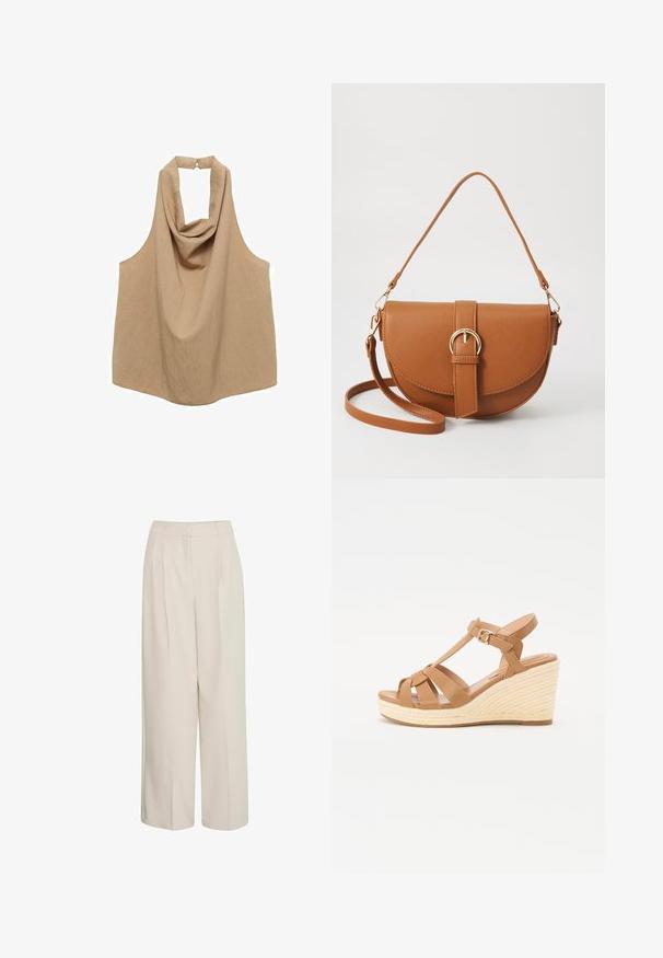 Beige sleeveless halter top with a draped neckline and back tie closure, made from a lightweight, textured fabric.; High-waisted cream wide-leg trousers with pleats, made from smooth fabric, featuring a clean design and tailored fit.; Tan wedge sandals featuring a cross-strap design, adjustable ankle buckle, and a textured woven espadrille-style wedge.; Brown leather crossbody bag with a curved shape, gold hardware, and a buckle accent. Features a detachable shoulder strap.