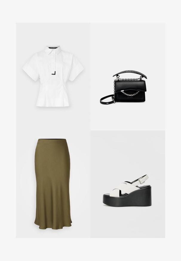 White short-sleeve shirt with a collared neckline, featuring a front button closure and a black accent detail at the collar. Tailored fit.; DRYKORN URA - A-line skirt - green; White platform sandals with a black base, featuring a crossed strap design and adjustable ankle buckle. Smooth texture, modern shape.; Black leather handbag with a structured design, chain and handle accents, and a textured surface. Features a flap closure with branding visible.