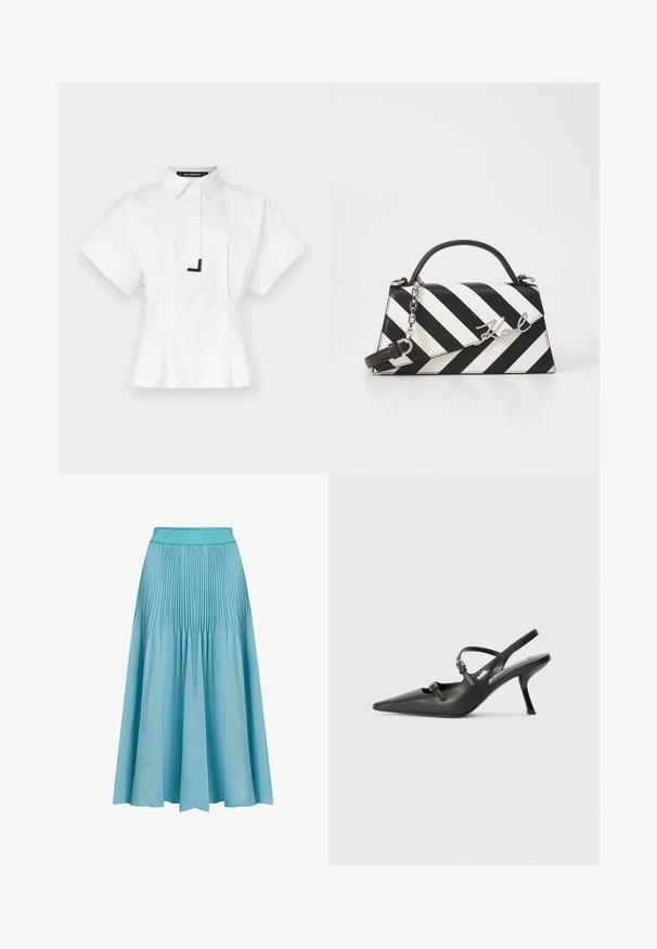 Balta trumpa rankovėmis marškiniai su apykaklės iškirpte, turintys priekinį mygtukų užsegimą ir juodą akcentą apykaklėje. Pritaikytas kirpimas.; Šviesiai mėlyna plisuota midi sijonas. Ypatybės: platus liemuo, laisvos formos ir vertikalios plisos, kurios suteikia tekstūrą ir judesį.; Juodi odiniai slingback kulniukai su smailiu pirštu, siauru kulnu ir dekoratyvine sagtimi viršuje. Lygus paviršius ir elegantiškas dizainas.; Juoda ir balta dryžuota rankinė su struktūrizuota forma, turinti viršutinę rankeną, nuimamą grandinėlės dirželį ir metalinį logotipo akcentą.