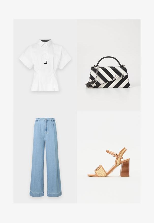 Valkoinen lyhythihainen paita, jossa on kauluskoteloinen kaulus. Etupainike suljin ja musta yksityiskohta kauluksessa. Hienostunut istuvuus.; Vaaleansiniset farkut, joissa on leveät lahkeet, korkea vyötärö, etupuolella laskokset ja raaka helma rennon ilmeen saavuttamiseksi.; Ruske nahkaja ja kootud heina kontsakingad, millel on pahkluu rihm, avatud varvas ja paks puidulaadne konts, millel on horisontaalsed triibud.; Mustikkamustavalkoinen raita käsilaukku, jossa on jämäkkä muoto, ylhäällä oleva kahva, irrotettava ketjuhihna ja metallinen logoelementti.